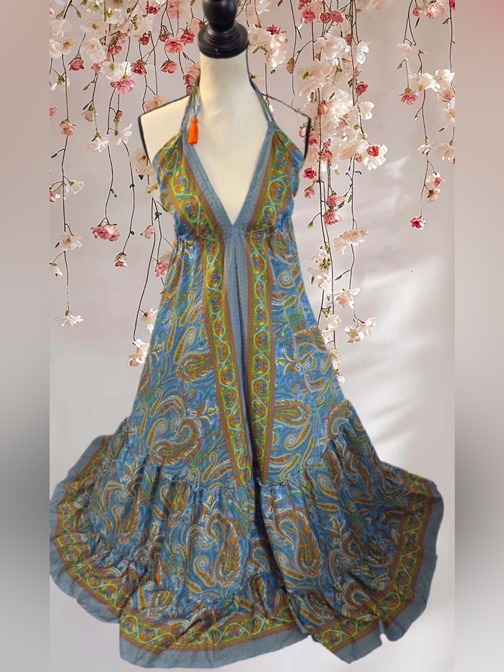 Karma Highway Boho Paisley Flowy Halter Maxi Dress